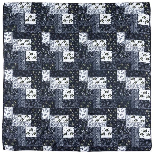 This is a Black and white quilt like fabric with a repeating pattern of alternating blocks with detailed paisley designs and University of Colorado Buffalo logos, arranged in a geometric layout.